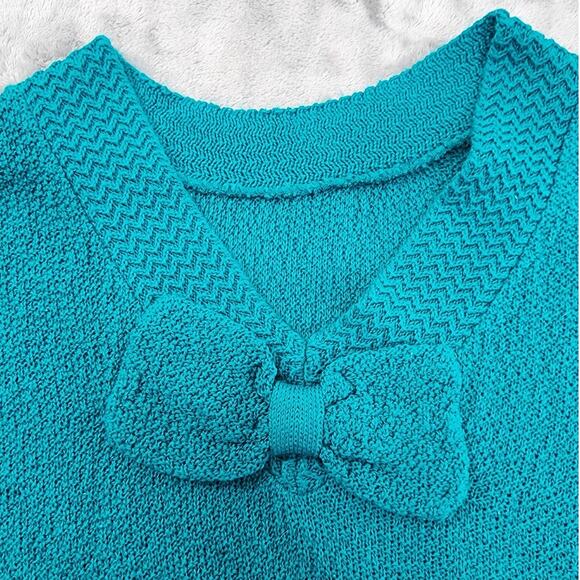 Vintage Adele Knitwear Sweater Womens M Blue Reversible V-Neck Bow Short Sleeves - Picture 3 of 8